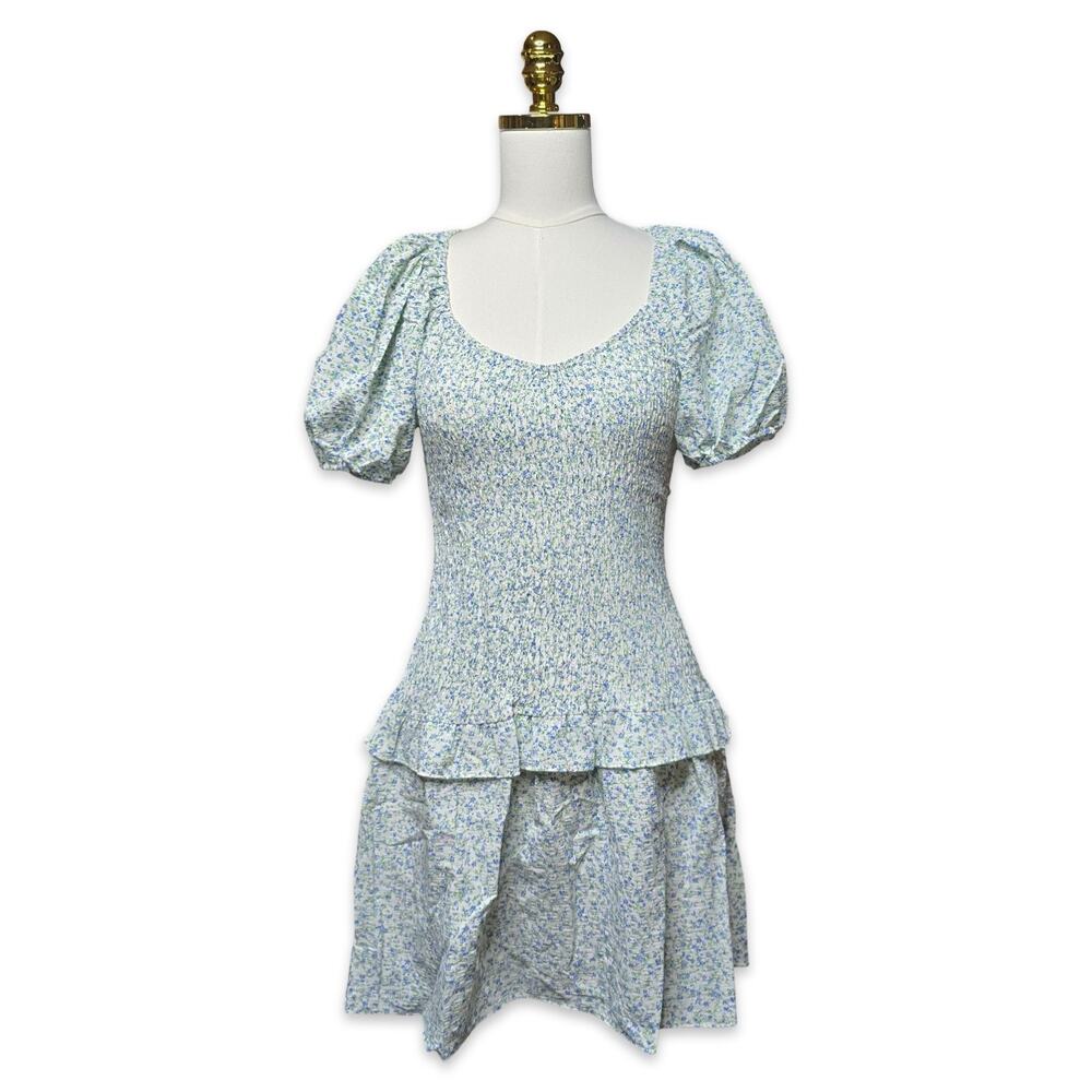 Promesa Blue Floral Small Smocked Dress Puff Sleeve Cottagecore Ruffle Hem NWT